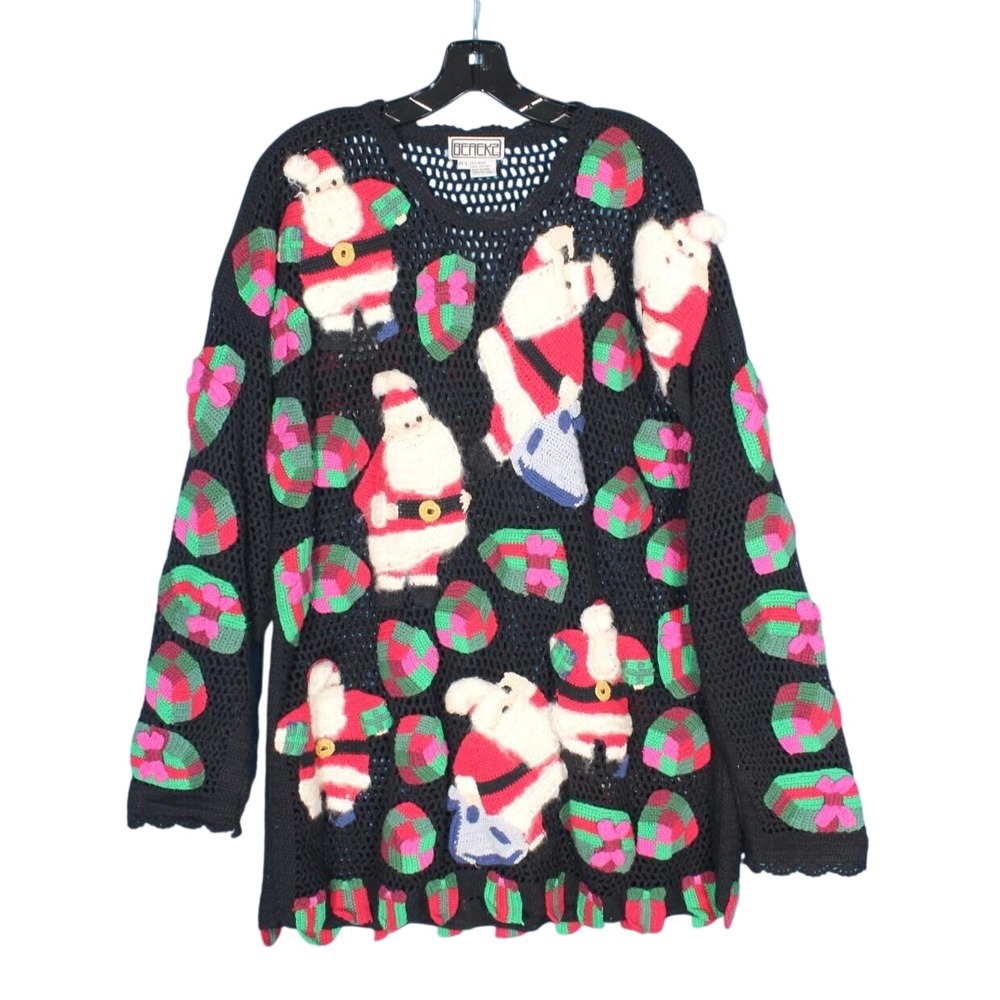 Vtg BEREK Black Open Knit Holiday/Christmas SANTA CLAUS & Presents Sweater M/L